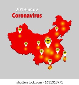 Red map of China on gray background with indicated points where disease spread. Sign of biohazard like map pin. Coronavirus 2019-nCov. Pandemic virus infection from Wuhan, China.
