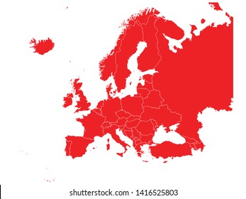 Red Map of Europe With Countries on White Background
