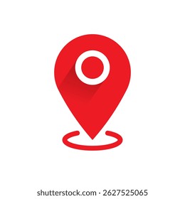Red map icon with a white circle in the center, casting a subtle shadow. Vector icon isolated on a white background
