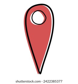 Red Map Location doodle icon. Vector Color Linear Pointer or Mark, Isolated on white. Hand drawn Travel symbol for Navigation. Design Graphic art for Logotype, Card, Mobile App, Creative Localization.