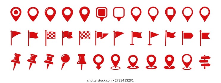 Red map and location icon set with pins flags arrows and navigation symbols vector illustration isolated on transparent background