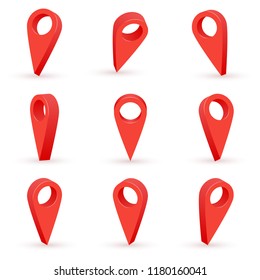 Red map marker icon in vector. Location symbols vector set isolated on white background. Web location point, pointer 3d arrow mark. Realistic 3d pointer of map.