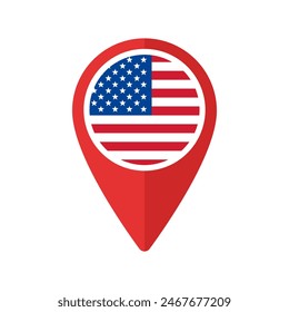 Red Map Marker mit USA Round Flag. Vektorillustration des isolierten Standortsymbols