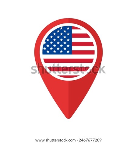 Red Map Marker with USA round Flag. Location Pin isolated icon vector illustration