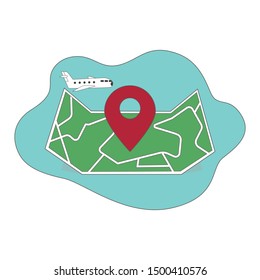 red map pin with airplane and map on blue background
