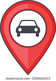 A red map pin with a car symbol inside, representing vehicle location, parking spots, or navigation.