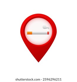 A red map pin encircles a smoking symbol. concept highlights smoking-restricted location awareness.