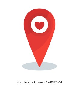 Red map pin with heart vector flat icon on a white background. Distance marker. Pointer location modern minimal sign.