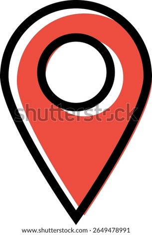 Red map pin icon with black outline and circular center cutout, representing a location or destination point, designed in a minimal modern style for navigation or travel concepts