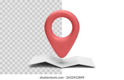 Red Map Pin Icon Placed On Folded Paper Map, Great For Location, Navigation, Travel, And Mobile GPS App Interfaces. Smooth And Minimal 3D Illustration. Vector Illustration.