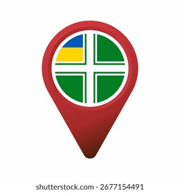 Icono rojo del pin del mapa que muestra la cruz blanca verde con la ilustración plana del cantón de la bandera de Ucrania