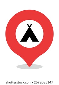 Red map pin icon with tent symbol for camping and outdoor recreation signage