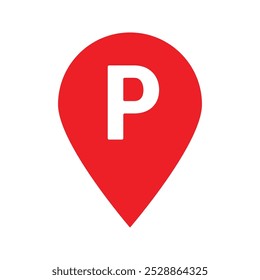 Alfiler rojo del mapa para indicar un área de estacionamiento o instalación. Icono invertido en forma de lágrima con una letra P blanca en el centro