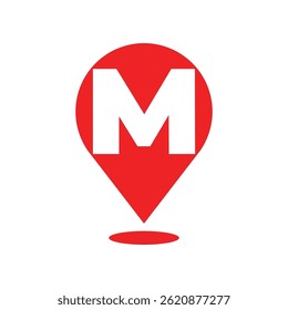 Red Map Pin with Letter M Alphabet Symbol Vector Icon on White Background