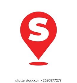 Red Map Pin with Letter S Alphabet Symbol Vector Icon on White Background