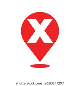Pin rojo del mapa con el icono del Vector del símbolo del alfabeto de la letra X sobre fondo blanco