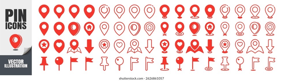 Conjunto de iconos de Locación y pin de mapa rojo. Puntero GPS, Símbolo de Dirección, Colección de Vector plana y de contorno para navegación y mapas aislados en transparente