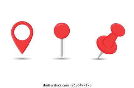 Conjunto de ícones de marcador de local e pino do mapa vermelho. Conjunto de ícones vermelhos de localização do mapa, incluindo pin, pino e marcador de ponteiro. Isolado no branco com sombra.