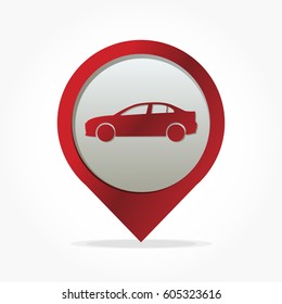 red map pin mark with big circle head and a silhouette of sedan car on it with shadow effect