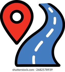 Marcador de pin de mapa rojo y camino de bobinado azul con líneas discontinuas