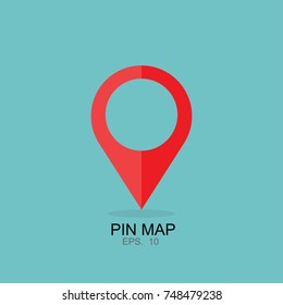 Red map pin modern icon, pointer minimal vector symbol, marker sign isolate on blue background.