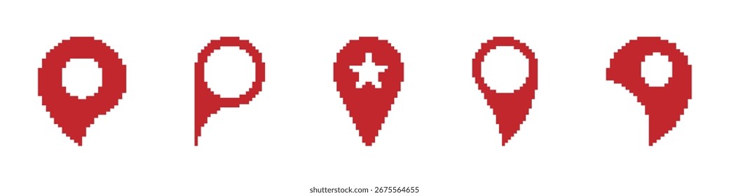 Red Map Pin Pixel Art Icon Set. Location Marker, Navigation, And Geolocation Symbol Collection. Digital Mapping And Gps Interface Design. Isolated Vector Illustration.