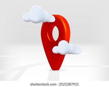 Alfiler rojo del mapa con la hoja de ruta y las nubes. Ilustración aislada de Vector 3D