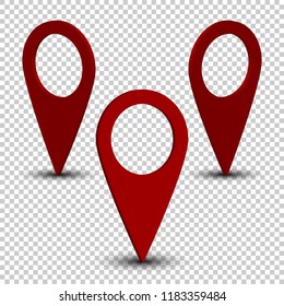 Red Map Pin Set With Realistic Drop Shadow Isolated On Transparent Background. Trendy Style. Modern Vector 3d Illustration. 