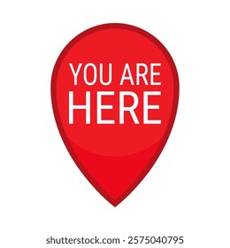 Red map pin with the text 'YOU ARE HERE'. Vector icon for maps and navigation applications to indicate the user's current location