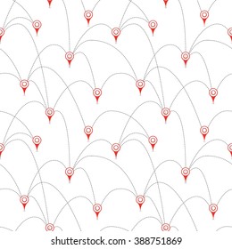 Red map pins with routes isolated on white, seamless pattern