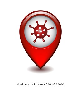 Red map point with coronavirus. Virus transmission or related virus location. Vector logo template.