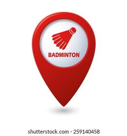 Red map pointer with badminton icon.