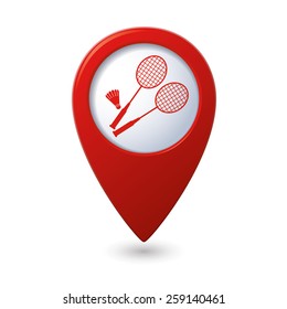 Red map pointer with badminton icon.