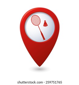 Red map pointer with badminton icon.
