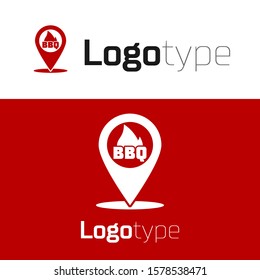 Red Map pointer with barbecue icon isolated on white background. Fire flame icon. Barbecue and BBQ grill symbol. Logo design template element. Vector Illustration