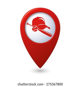 Red map pointer with baseball icon.