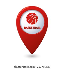 Red map pointer with basketball icon.