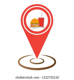 Red map pointer with burger fast food and restaurant sign icon, Vector illustration isolated on white background.