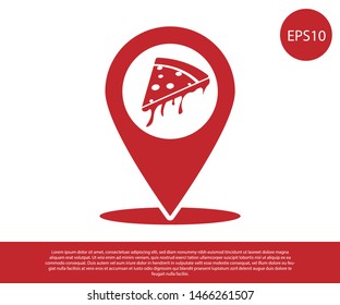 Red Map pointer with fast food slice pizza icon isolated on white background. Pizzeria location icon. Pizza cafe and restaurant marker. Vector Illustration