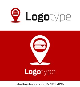 Red Map pointer with fast food burger icon isolated on white background. Logo design template element. Vector Illustration