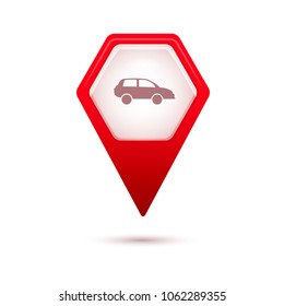 Red Map pointer in the form of hexagon isolated on white background with shadow and light flares . Vector illustration EPS 10 . Design element to mark the location on the map with car icon