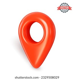 Red map pointer or GPS location icon in three-quarter front view. Realistic 3D vector graphic placed on a white background and includes a shadow