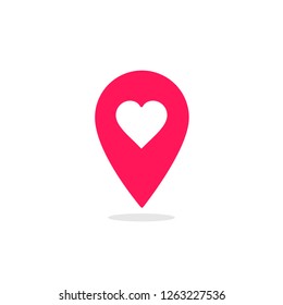 Red map pointer heart icon. GPS location symbol. Web pointer - heart. Map pin. Vector.