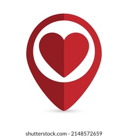 Red map pointer with heart icon. Vector illustration.