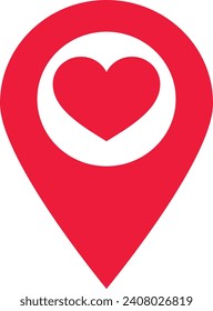 Red map pointer with heart icon . Red location pin icon with heart . Vector illustration