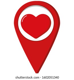 Red map pointer with red heart inside  icon isolated on white background. Flat cartoon style vector illustration of love pin for  valentines day, romantic, wedding design.