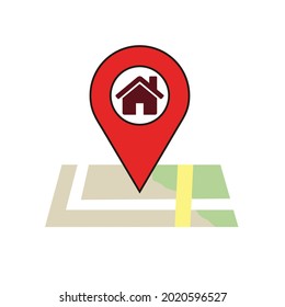 red map pointer with house icon, pandemic virus corona, stay at home, save lives. vector eps 10.