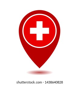 Red Map Pointer Icon With Cross, Hospital, First Aid Sign. Flat vector illustration isolated on white background