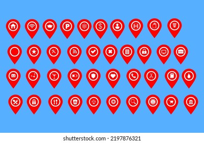 red map pointer icons set for transport, hotels, food, and services