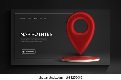 Red map pointer isolated on black background. Find address, location icon concept. GPS 3d Pointer on red podium in black interrior. Vector 3d illustration.